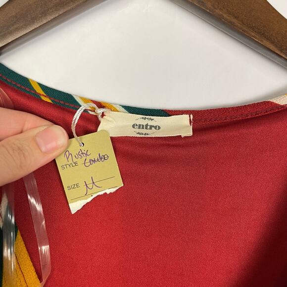 Entro | NWT Rustic Combo Vertical Stripe Tie Sleeve Short Shift Dress w Pockets - Picture 10 of 11